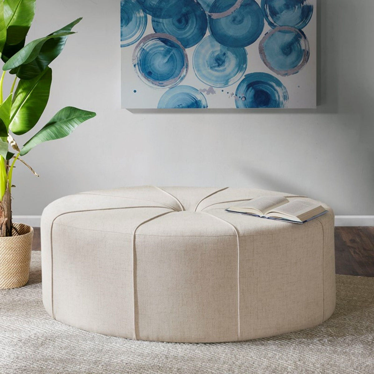 Large cocktail ottomans in beige with button tufted centers, pair of upholstered benches on Tampa Home & Garden Store