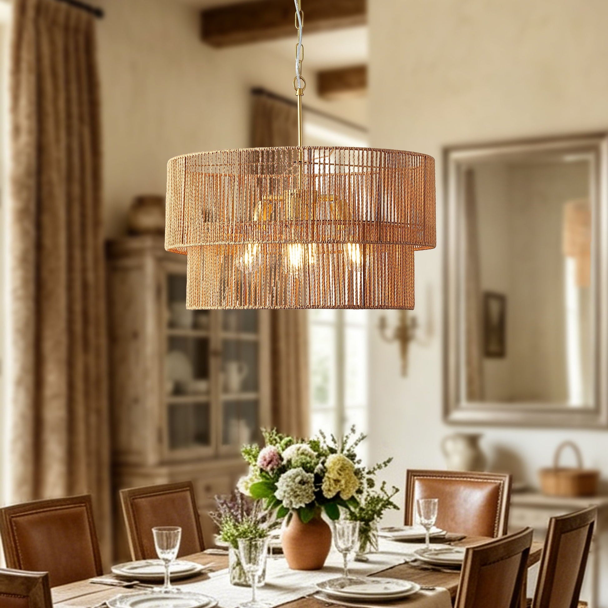Chandelier, gold two-tier boho wabi-sabi wire pendant light for dining room on Tampa Home & Garden Store
