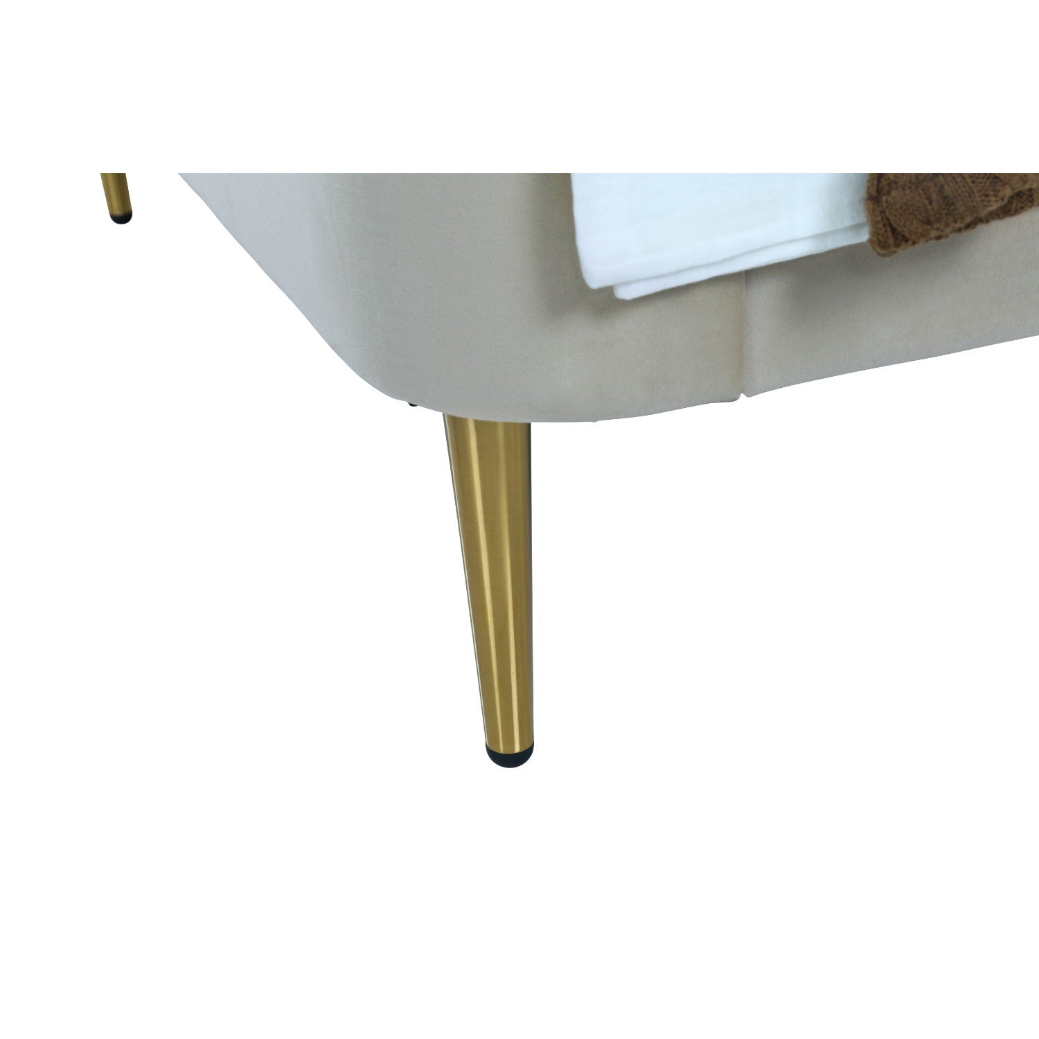 Mid-Century modern upholstered bed with cream fabric frame and gold tapered leg on Tampa Home & Garden Store