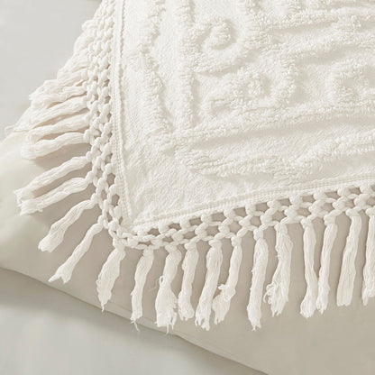 HouseOfZazla Tufted cotton chenille medallion fringe coverlet mini set Off-White on Tampa Home & Garden Store