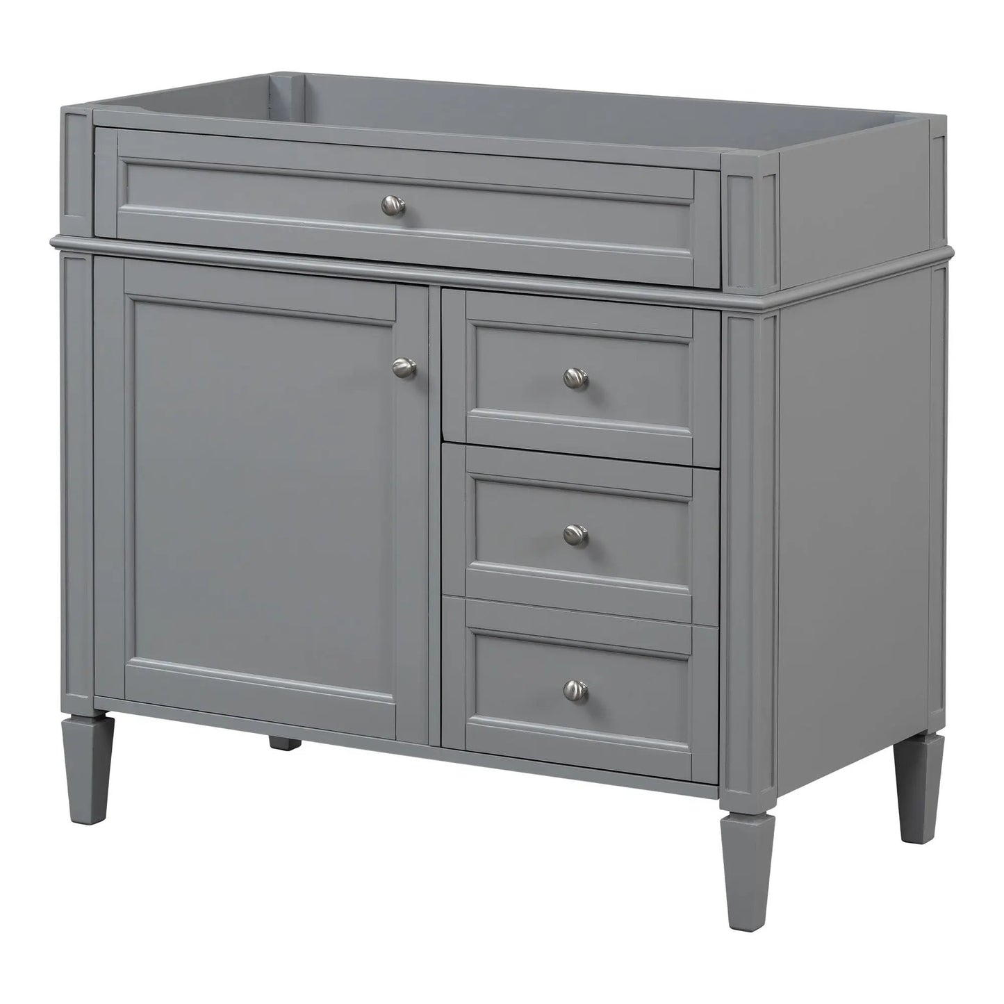 Gray bathroom vanity base Unique Piece Furniture with 2 drawers and tip-out drawer, metal knobs on Tampa Home & Garden Store