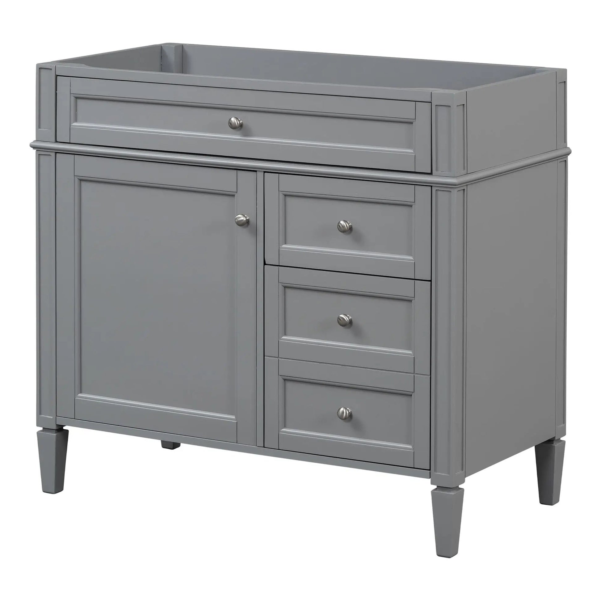 Gray bathroom vanity base Unique Piece Furniture with 2 drawers and tip-out drawer, metal knobs on Tampa Home & Garden Store