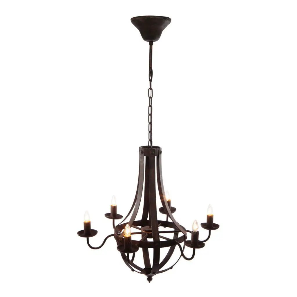6-light black metal chandelier with adjustable chain and candle-style bulbs, hanging fixture on Tampa Home & Garden Store