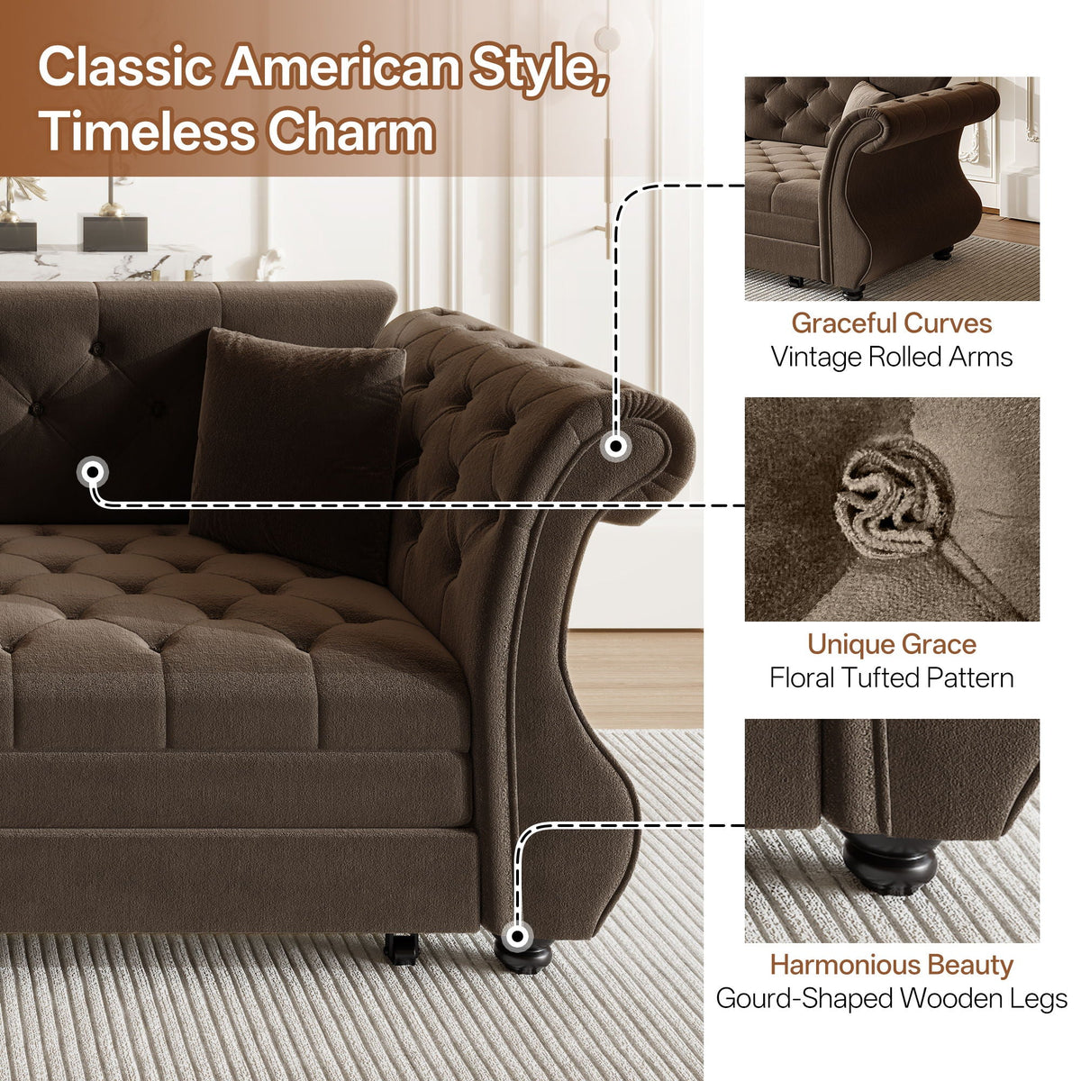 Oversized Chesterfield sleeper sofa with roll arms and flower tufting in brown HouseOfZazla on Tampa Home & Garden Store