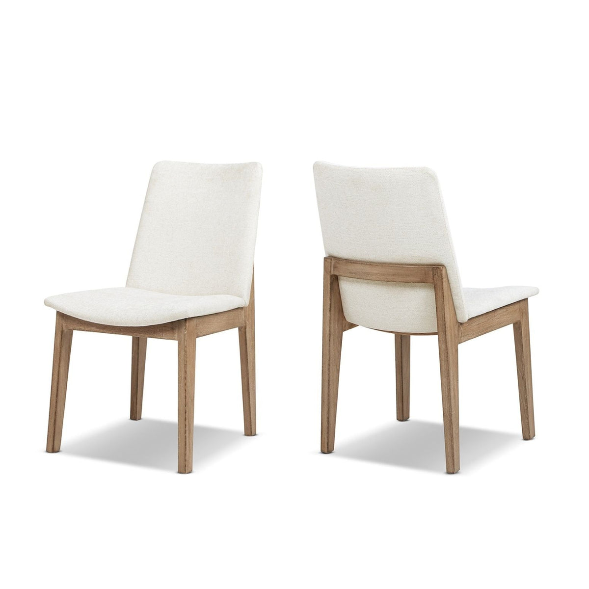 Pair of light beige dining chairs with reclaimed pine wood frames on Tampa Home & Garden Store