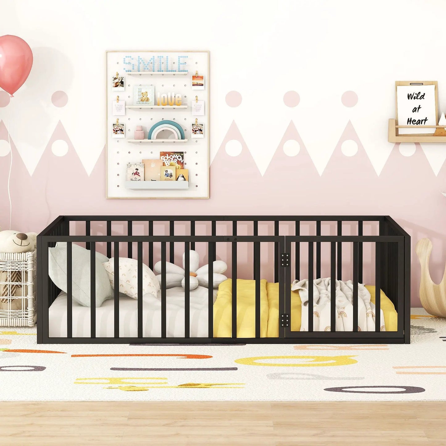 Metal Floor Bed Frame With Fence And Door, black metal panel bed in a pastel nursery on Tampa Home & Garden Store