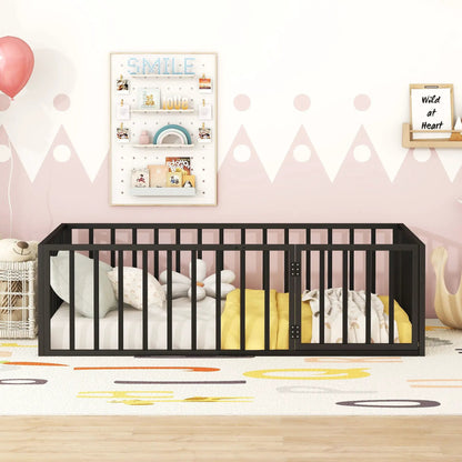 Metal Floor Bed Frame With Fence And Door, black metal panel bed in a pastel nursery on Tampa Home & Garden Store