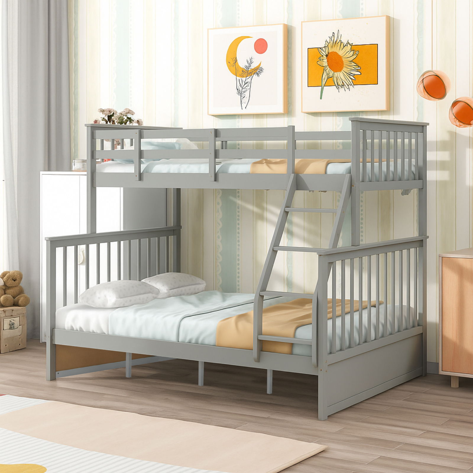 Bunk bed with ladder and safety guard rails in gray wood, two-tier design by HouseOfZazla on Tampa Home & Garden Store