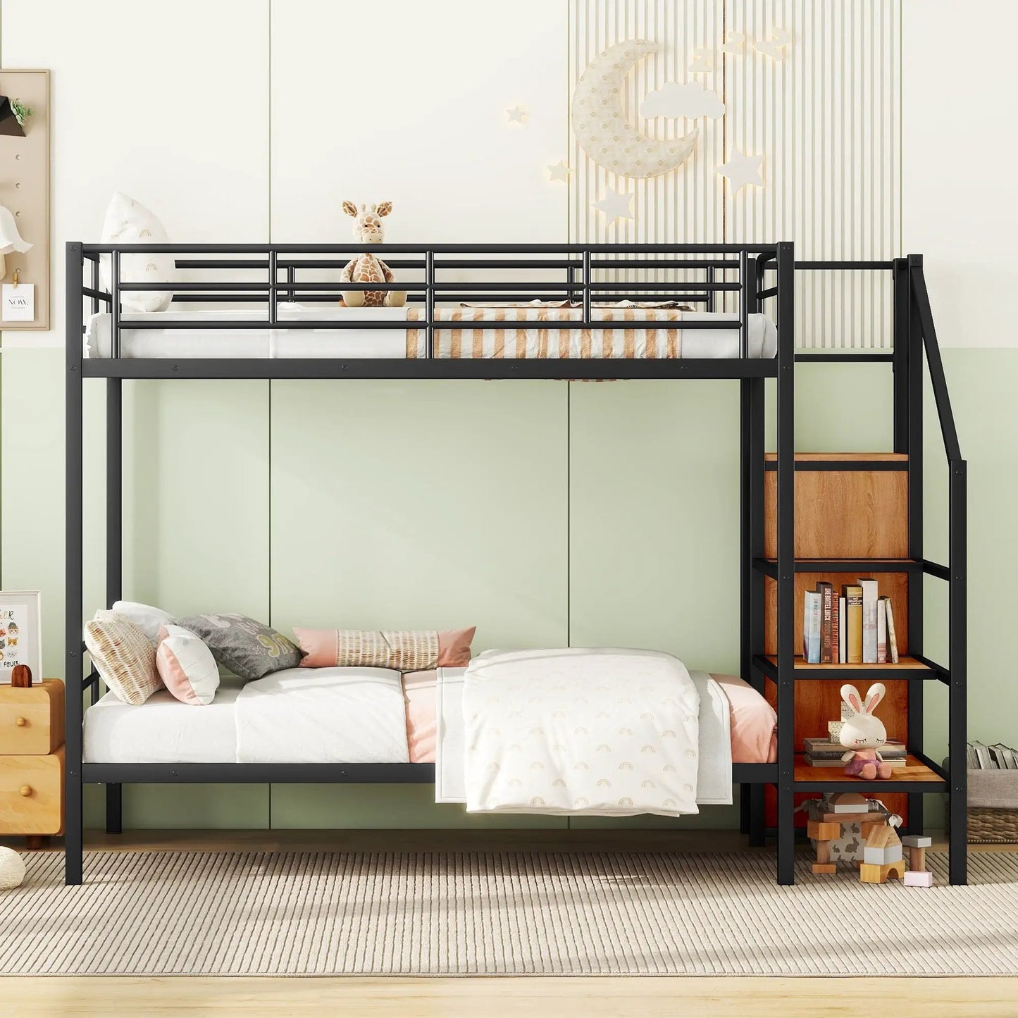 Bunk Bed With Lateral Storage Ladder and Wardrobe