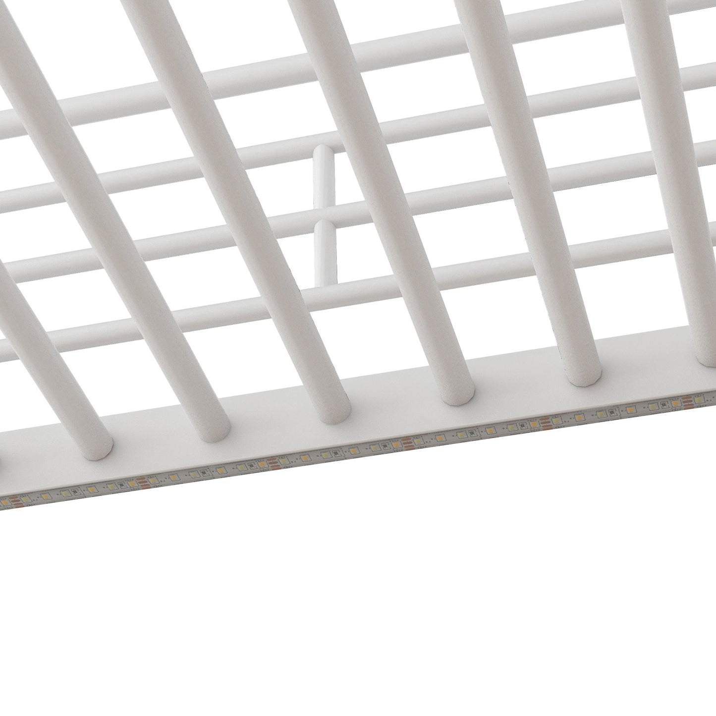 Loft bed frame with white slats and underside LED lighting strip on Tampa Home & Garden Store
