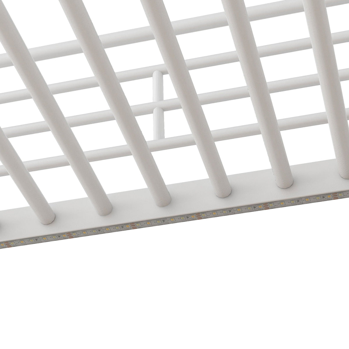 Loft bed frame with white slats and underside LED lighting strip on Tampa Home & Garden Store
