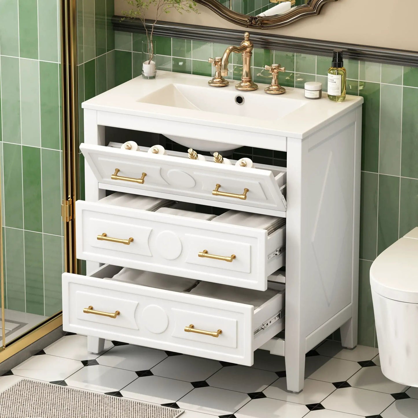 Retro bathroom vanity with sink, freestanding white cabinet with 3 drawers and brass hardware on Tampa Home & Garden Store