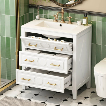 Retro bathroom vanity with sink, freestanding white cabinet with 3 drawers and brass hardware on Tampa Home & Garden Store