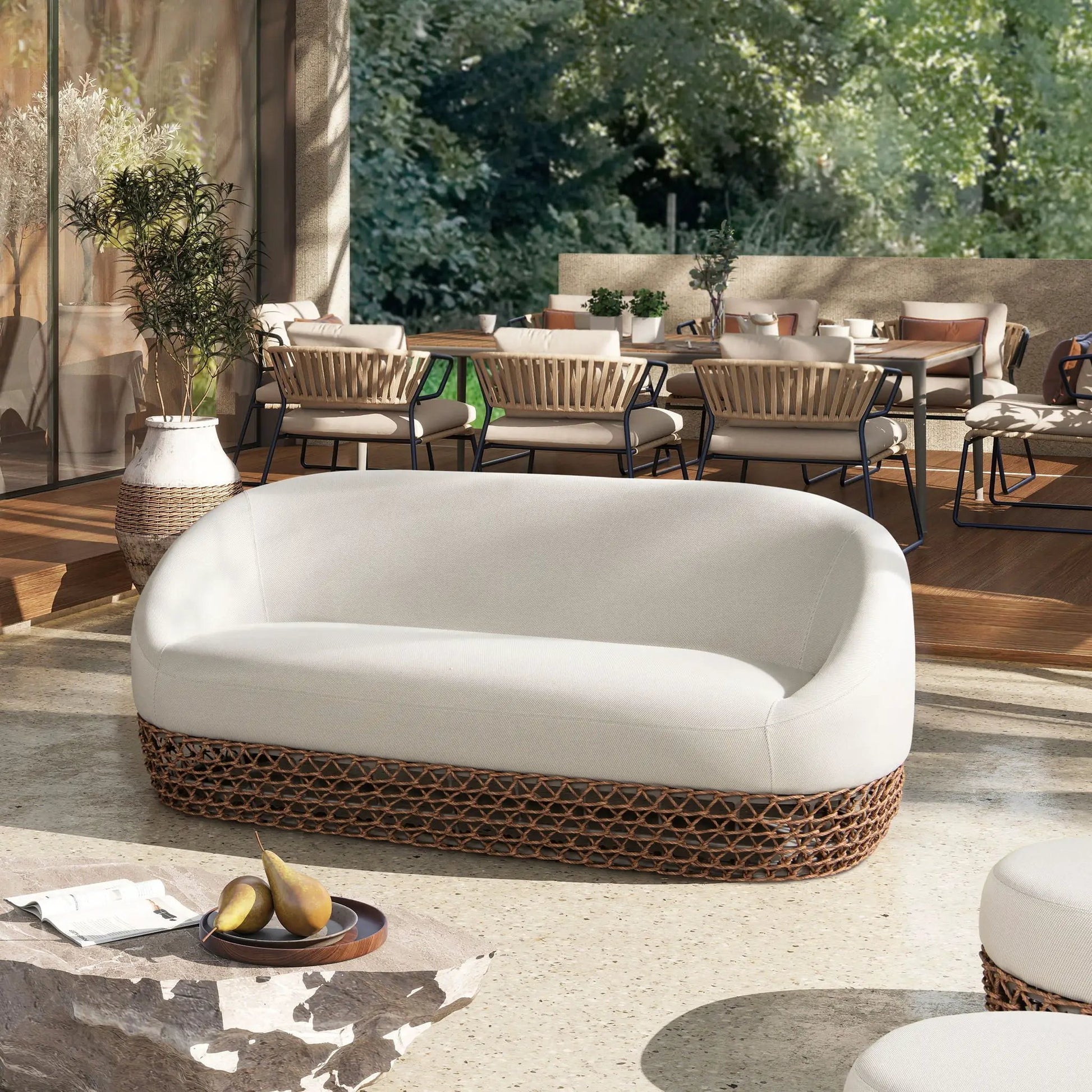 Willow upholstered deep seating sofa with cushions woven wicker base by Unique Piece Furniture on Tampa Home & Garden Store