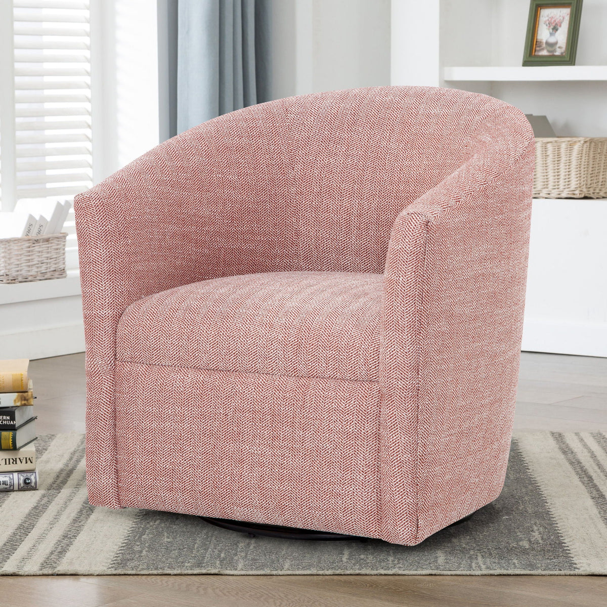 Lainey Swivel Barrel Chair pink herringbone fabric with 360-degree rotation HouseOfZazla on Tampa Home & Garden Store