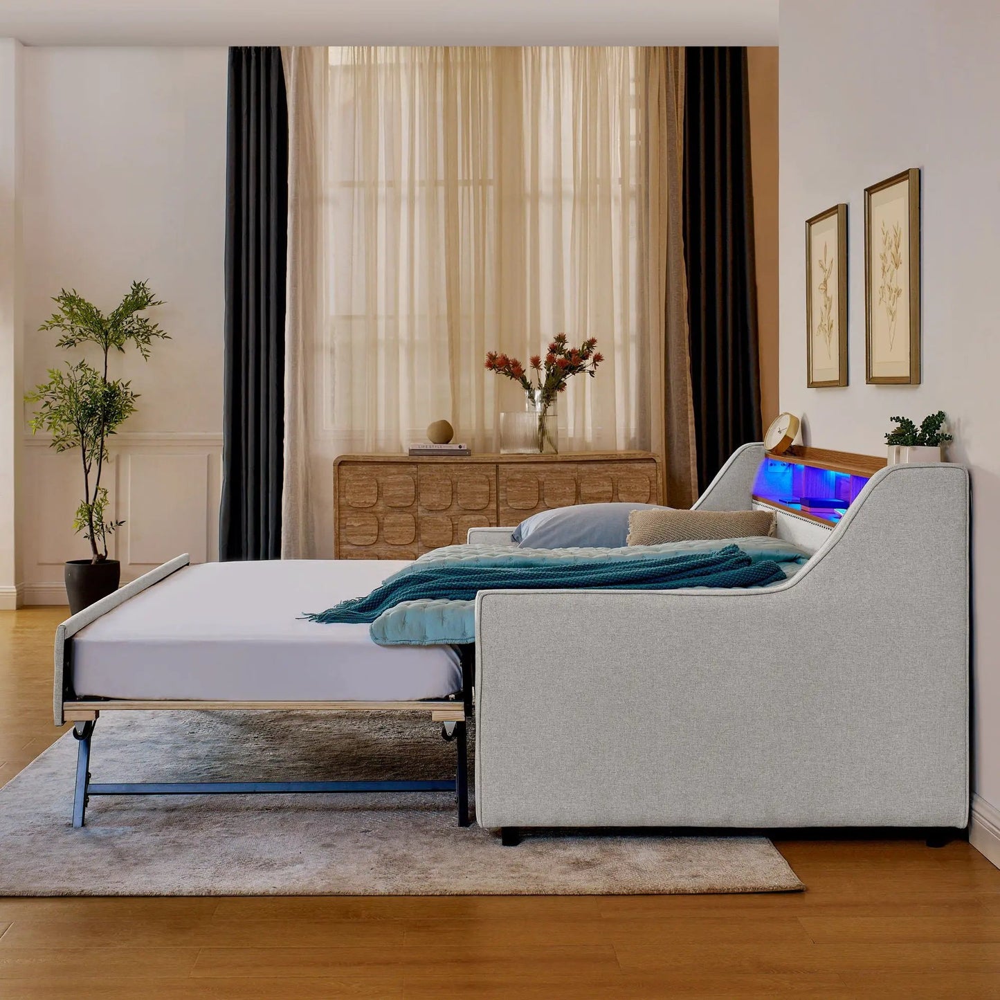 Upholstered sofa bed with storage headboard, LED and foldable trundle in light gray fabric on Tampa Home & Garden Store