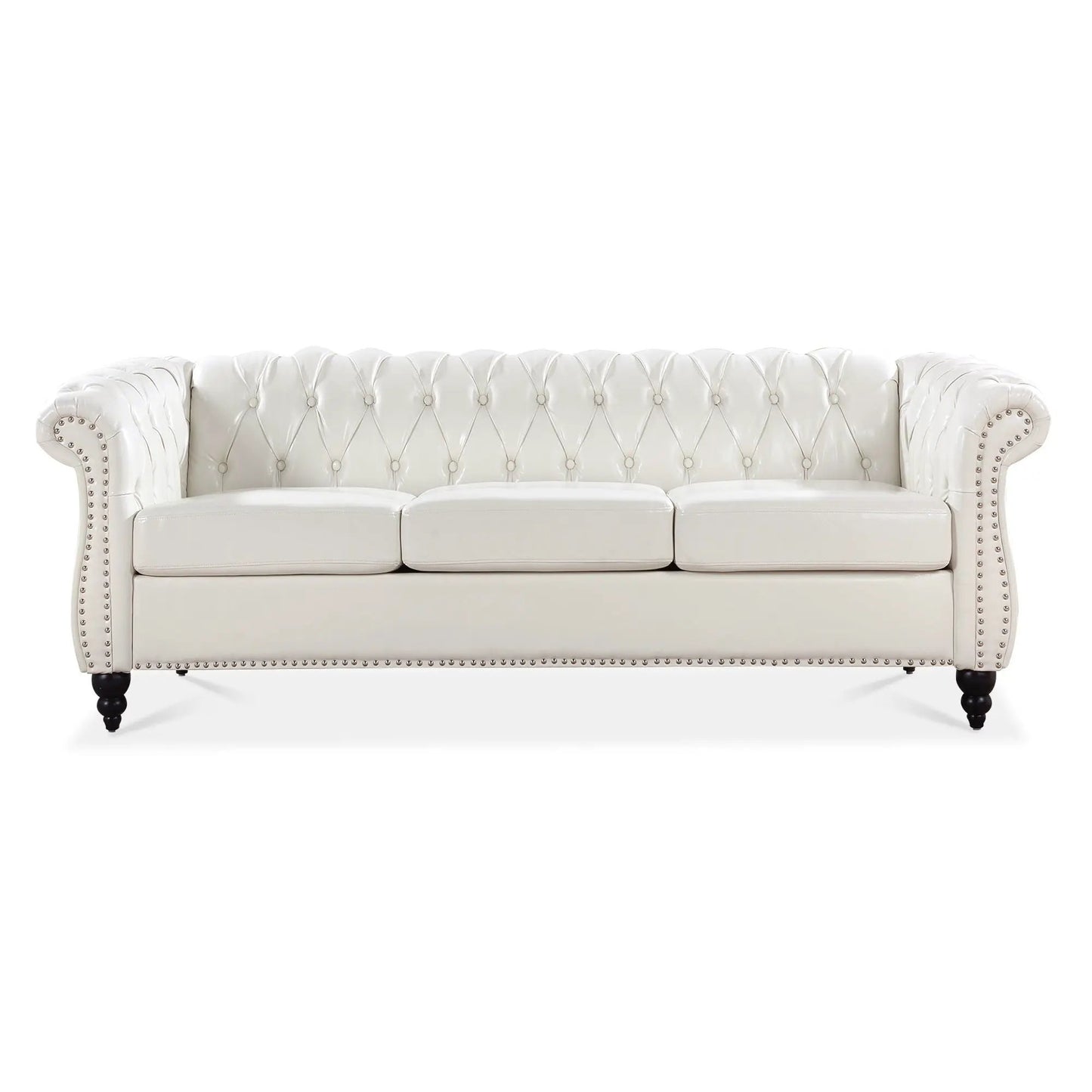 Rolled Arm Chesterfield 3 Seater Sofa in white tufted leather with nailhead trim on Tampa Home & Garden Store