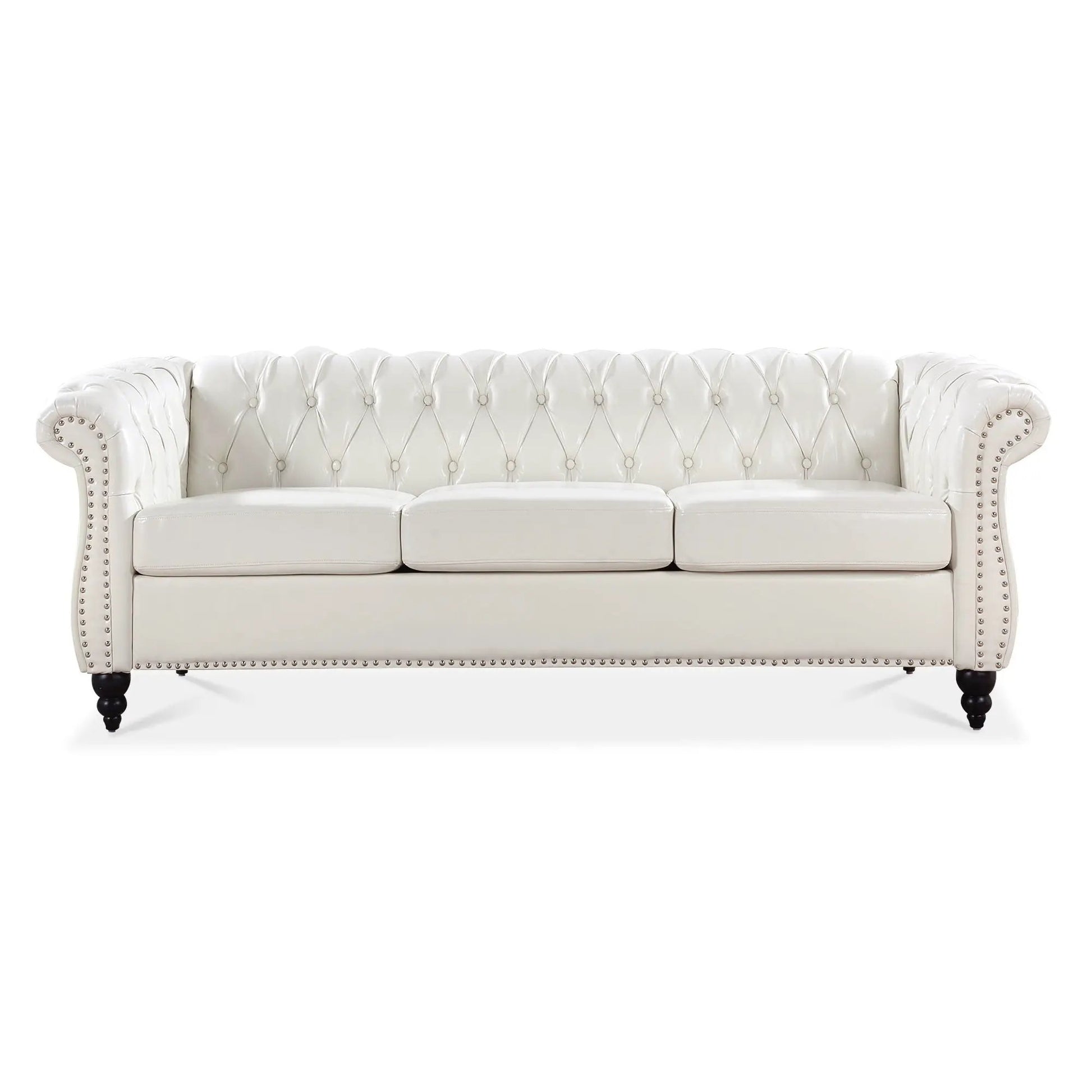 Rolled Arm Chesterfield 3 Seater Sofa in white tufted leather with nailhead trim on Tampa Home & Garden Store