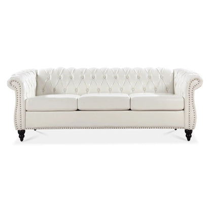 Rolled Arm Chesterfield 3 Seater Sofa in white tufted leather with nailhead trim on Tampa Home & Garden Store