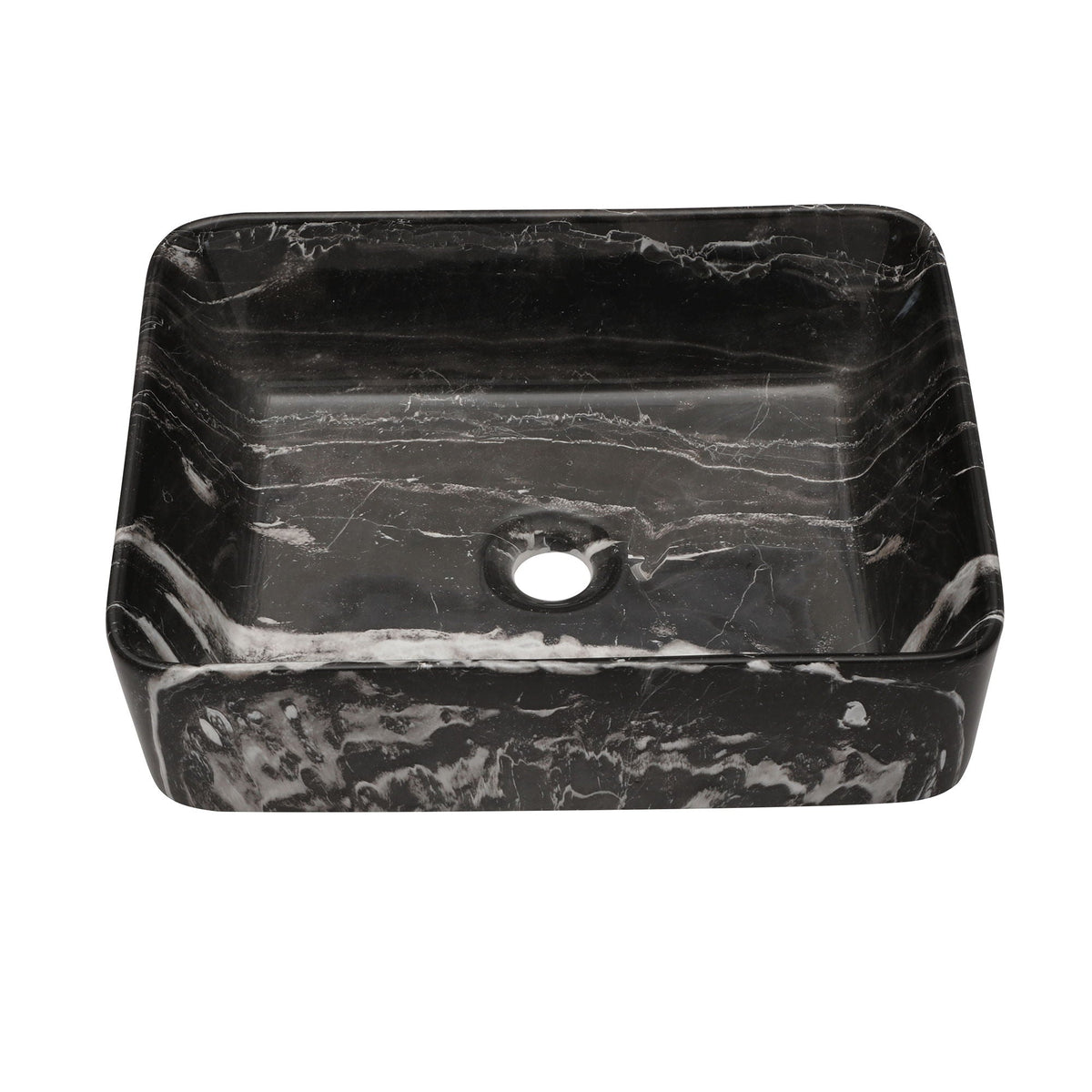 Rectangular vessel bathroom sink in black gray marble ceramic finish with visible drain hole HouseOfZazla vanity bowl on Tampa Home & Garden Store