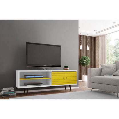 Liberty TV Stand by HouseOfZazla with white frame, bright yellow doors, and splayed wood legs on Tampa Home & Garden Store