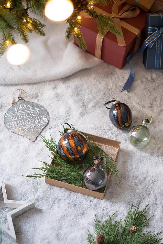 Christmas Ball Ornaments set of 6 blue spheres and a silver Merry Christmas heart ornament on Tampa Home & Garden Store