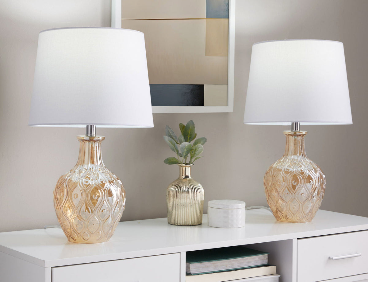 Gloria round contemporary lamp set of 2 with ribbed glass bases and white drum shades on Tampa Home & Garden Store
