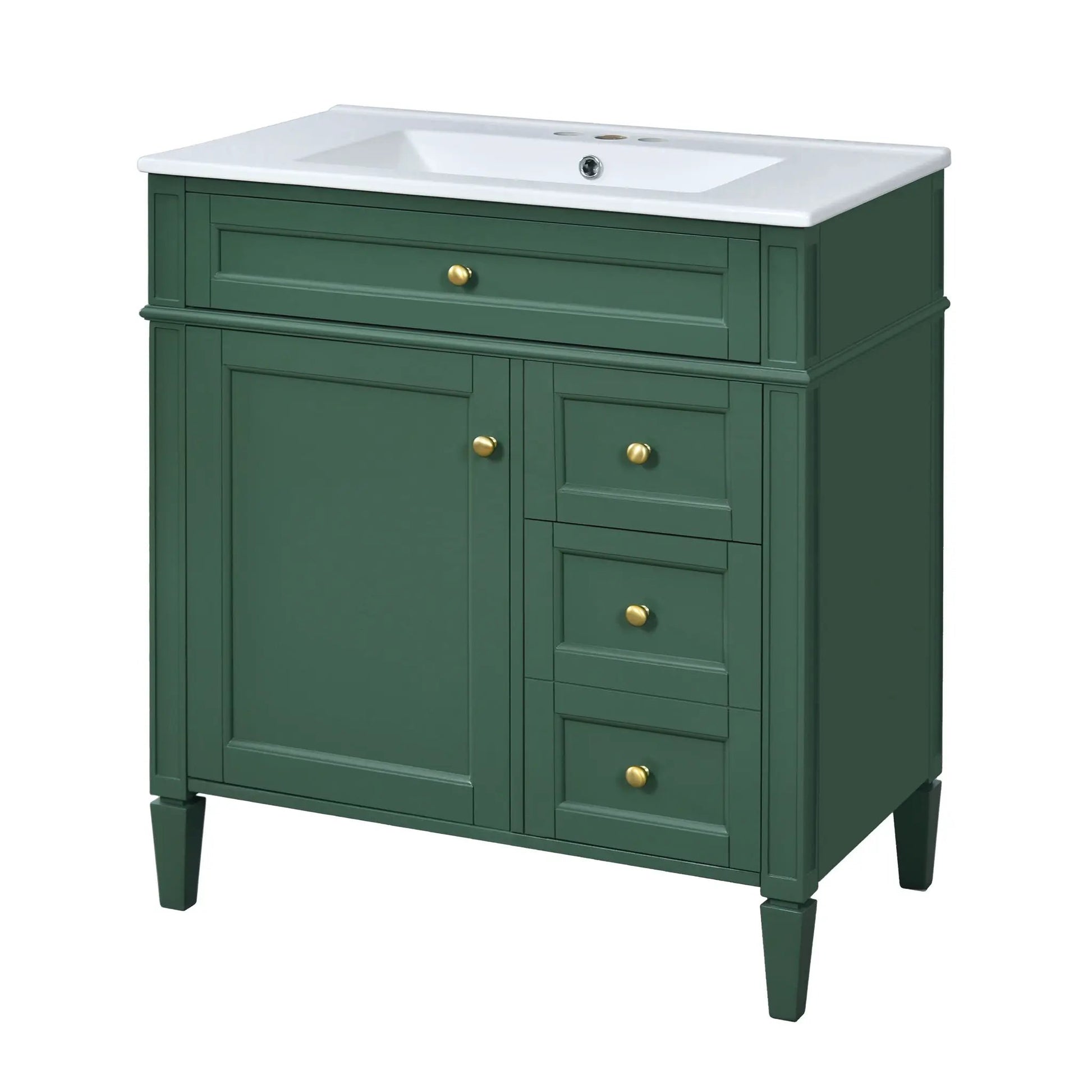 Bathroom vanity with top sink, green, white countertop, two drawers & tip-out drawer on Tampa Home & Garden Store