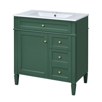 Bathroom vanity with top sink, green, white countertop, two drawers & tip-out drawer on Tampa Home & Garden Store