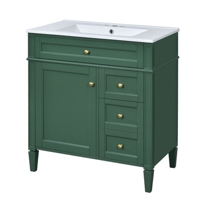 Green bathroom vanity with white ceramic top sink, storage drawers and brass knobs on Tampa Home & Garden Store