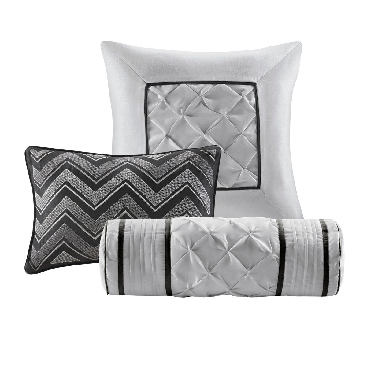 7 Piece Tufted Comforter Set Black Queen HouseOfZazla, tufted square pillow, chevron pillow, bolster on Tampa Home & Garden Store