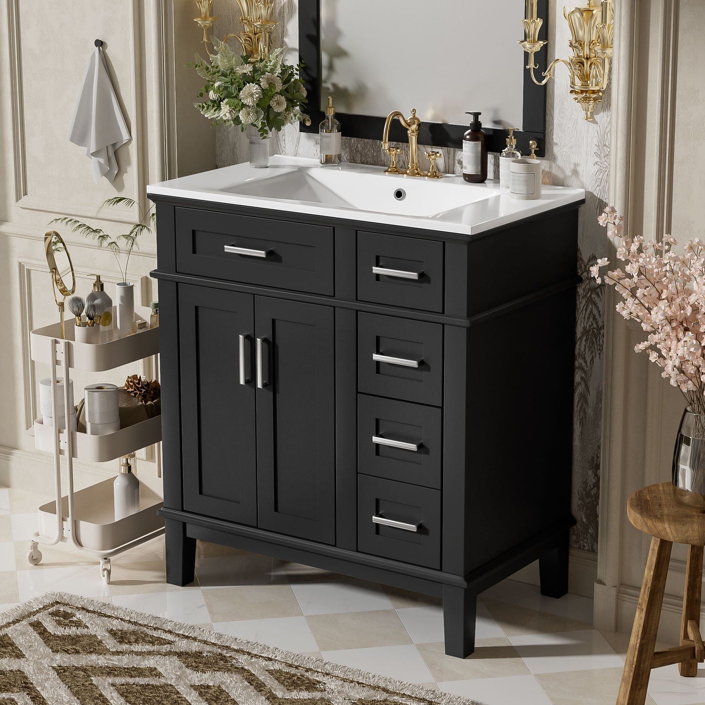 Modern black bathroom vanity with white sink, gold faucet and deep drawers on Tampa Home & Garden Store