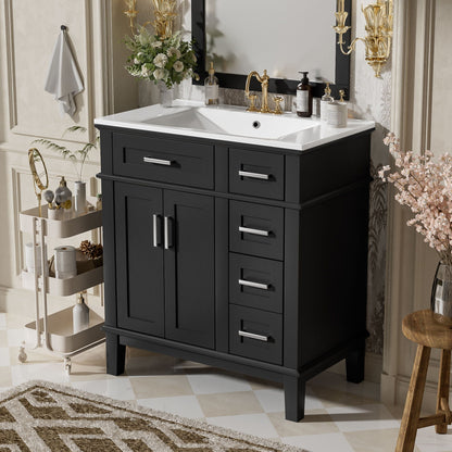 Modern black bathroom vanity with white sink, gold faucet and deep drawers on Tampa Home & Garden Store