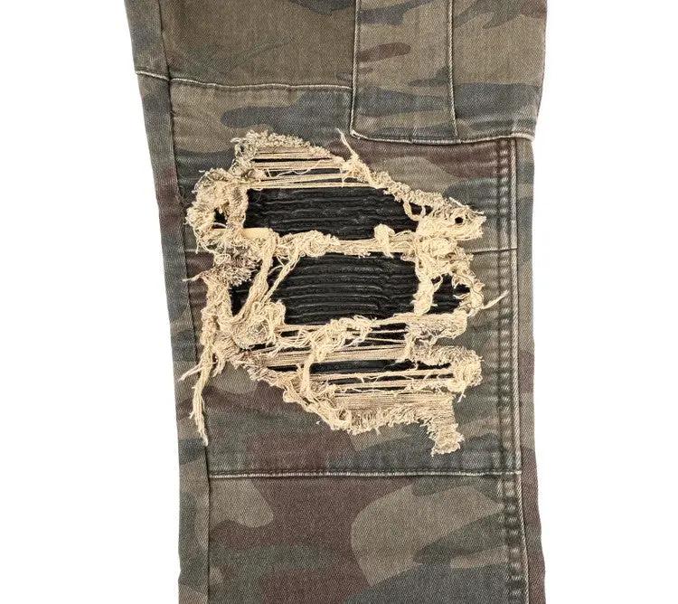 Camouflage distressed jeans with large ripped knee and black underlay FLIPSTYLEZLLC on Tampa Home & Garden Store