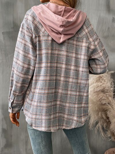 Plaid Hooded Jacket for Women in grey plaid with pink hood by Stevvex cotton-blend outerwear on Tampa Home & Garden Store