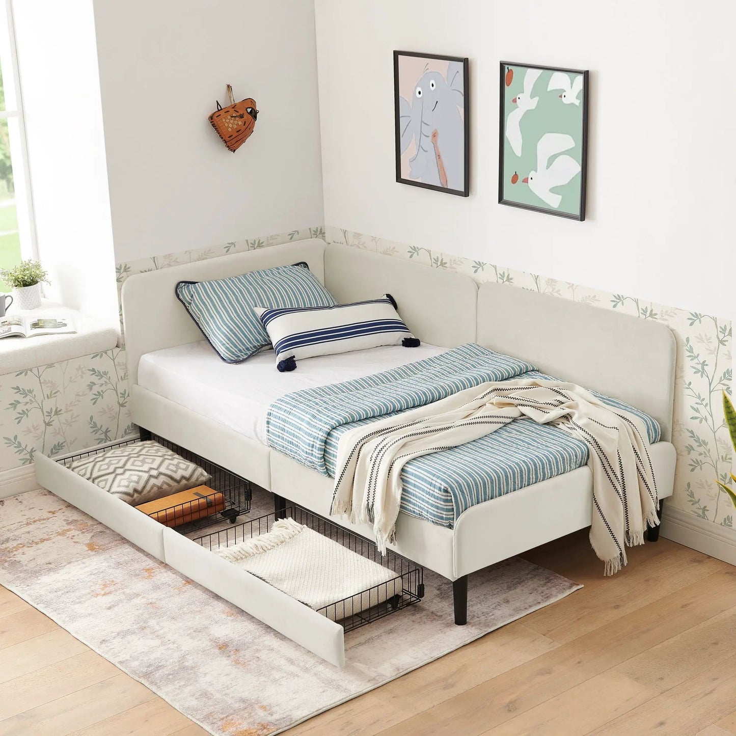 Upholstered Bed Frame With Drawers and Sofa Bed