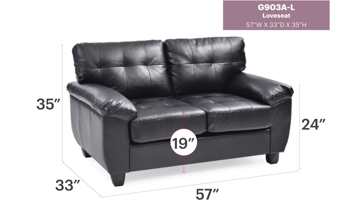 Stylish Loveseat with Padded Arms in black leather by HouseOfZazla, stationary 57W x 33D x 35H on Tampa Home & Garden Store
