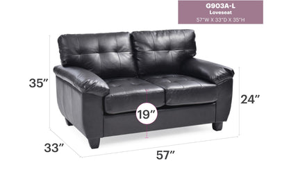 Stylish Loveseat with Padded Arms in black leather by HouseOfZazla, stationary 57W x 33D x 35H on Tampa Home & Garden Store