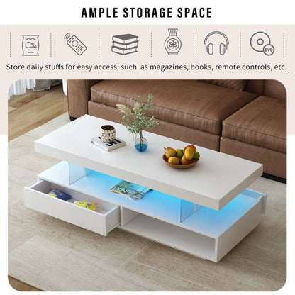 LED coffee table with 2 drawers and display shelves, blue-lit by Unique Piece Furniture on Tampa Home & Garden Store
