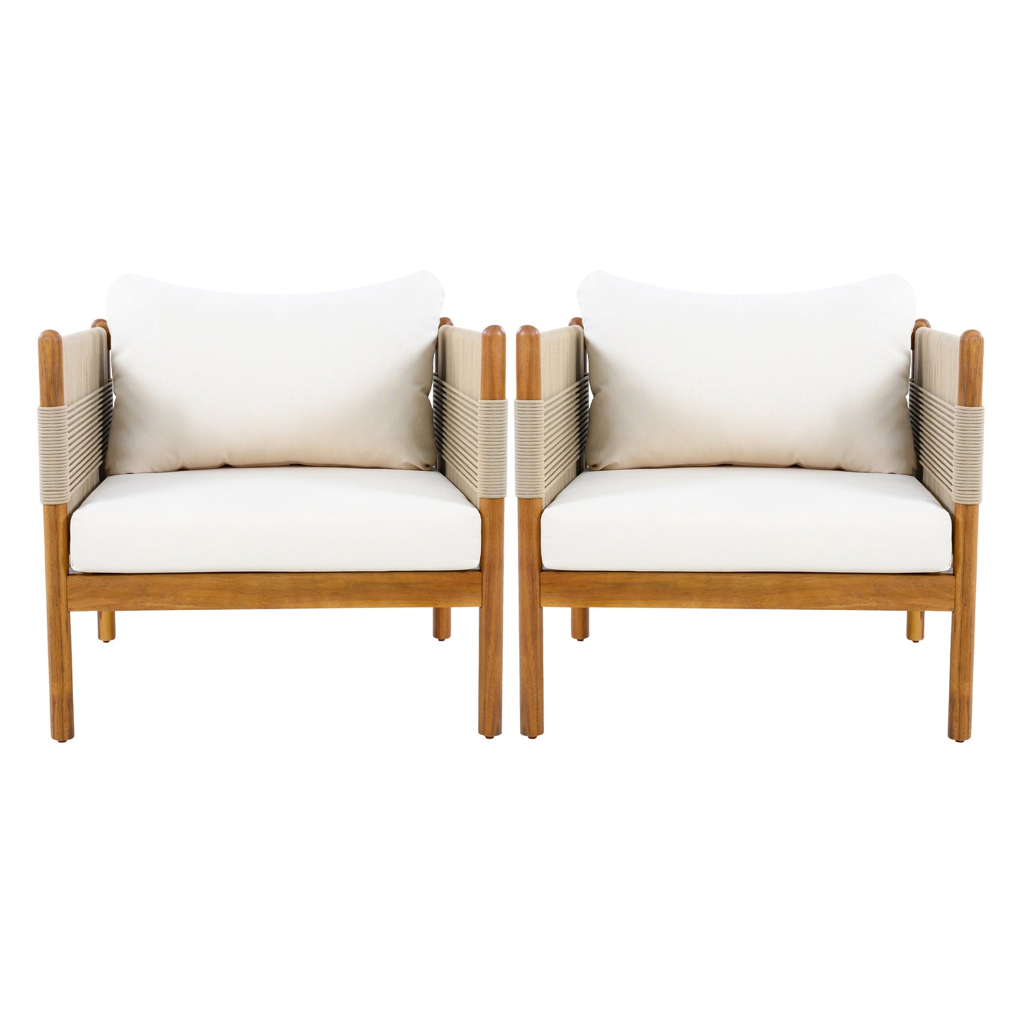 Outdoor Club Chairs set of 2 with diamond-pattern beige rope and teak finish HouseOfZazla on Tampa Home & Garden Store
