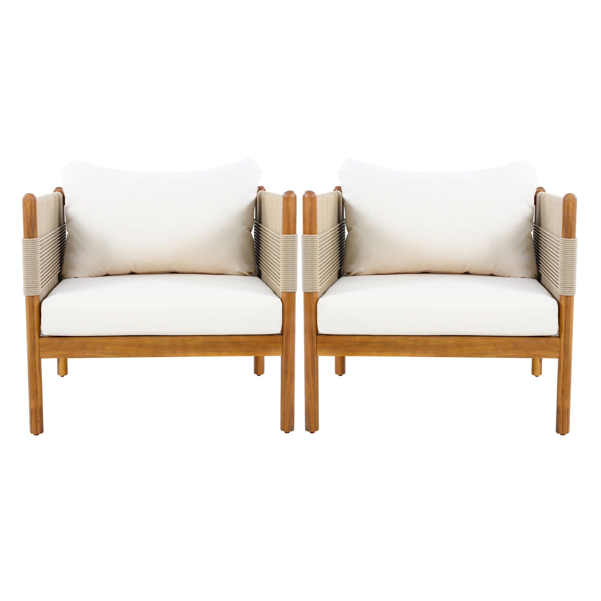 Outdoor Club Chairs set of 2 with diamond-pattern beige rope and teak finish HouseOfZazla on Tampa Home & Garden Store