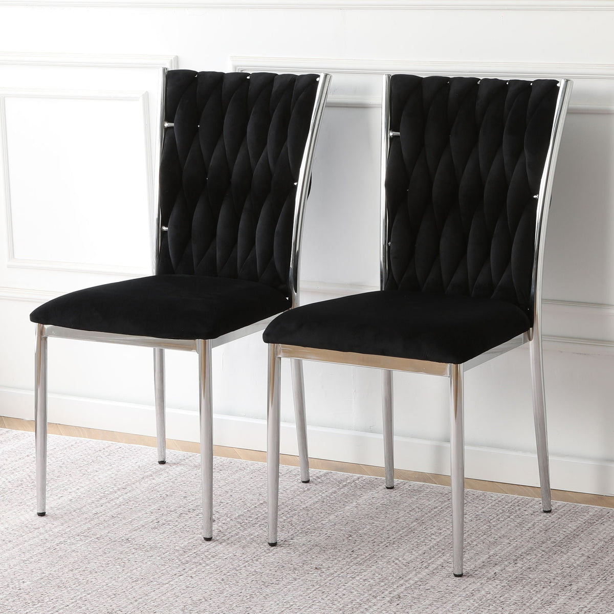 Modern dining chair set with black quilted fabric and chrome metal legs, 2 chairs on Tampa Home & Garden Store