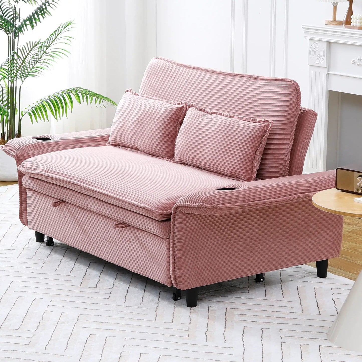 Modern Fabric Sofa Bed pink ribbed fabric with two cushions Unique Piece Furniture on Tampa Home & Garden Store
