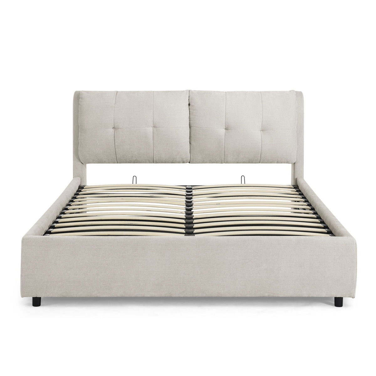 Storage upholstered hydraulic platform bed beige tufted headboard with slatted frame on Tampa Home & Garden Store