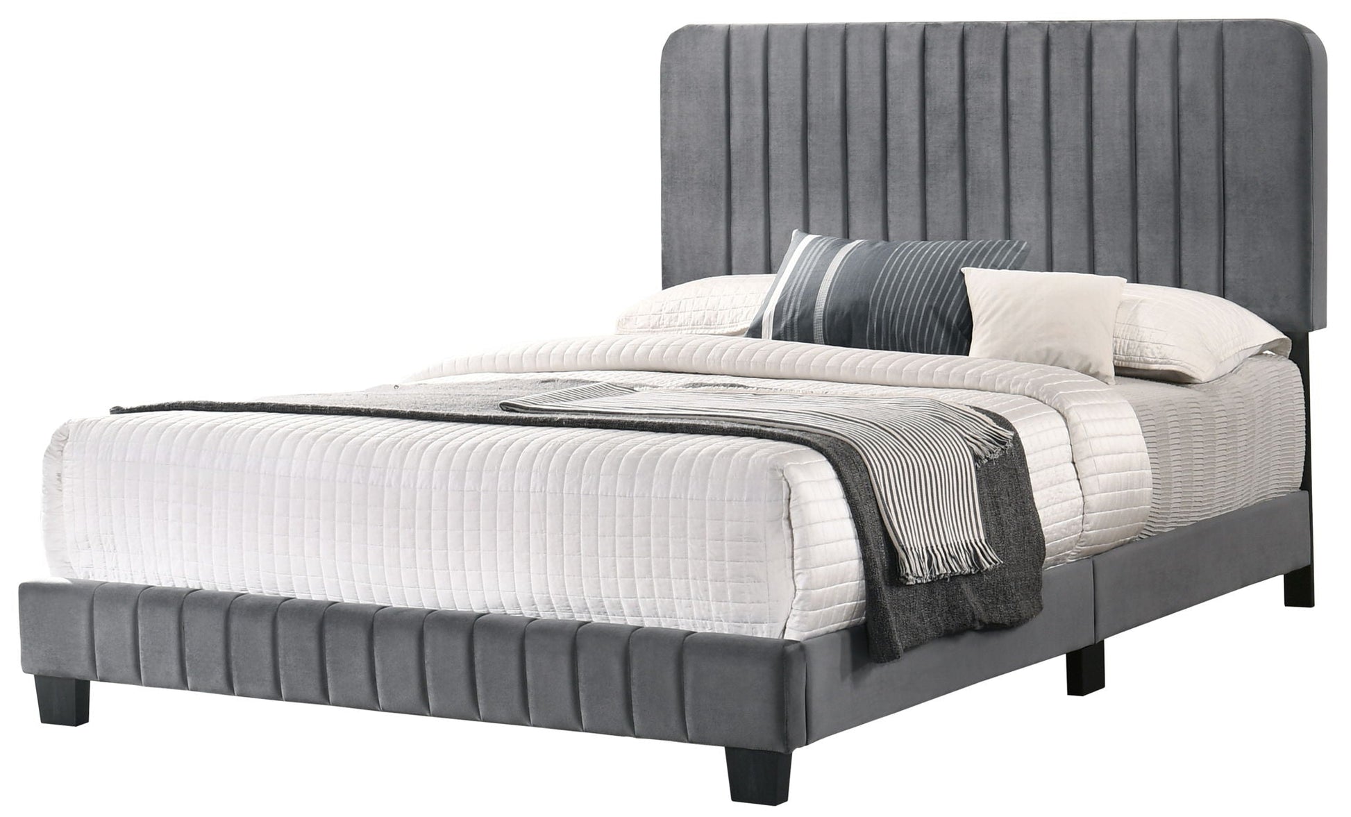 Channel Tufted Bed HouseOfZazla gray velvet with tall vertical tufting on Tampa Home & Garden Store