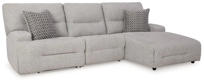 Acklen Place reclining sectional in light gray fabric with square-patterned pillows on Tampa Home & Garden Store