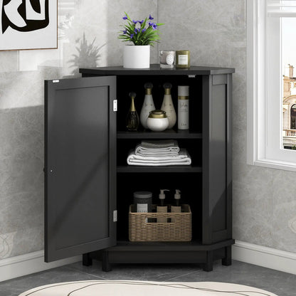 Bathroom triangle corner storage cabinet in black with adjustable shelf; top plant and candle on Tampa Home & Garden Store