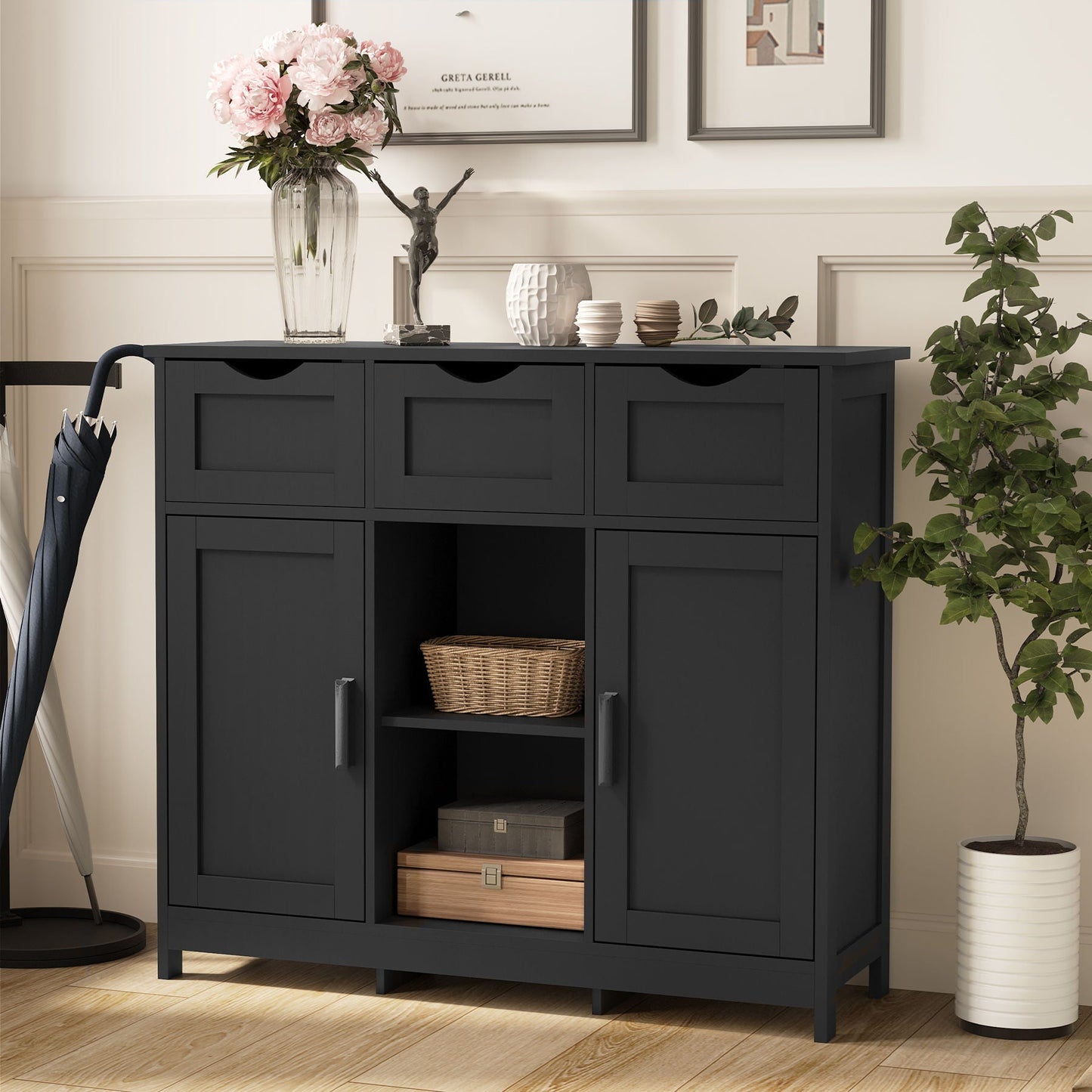 Wooden Storage Cabinet With Drawers And Shelves