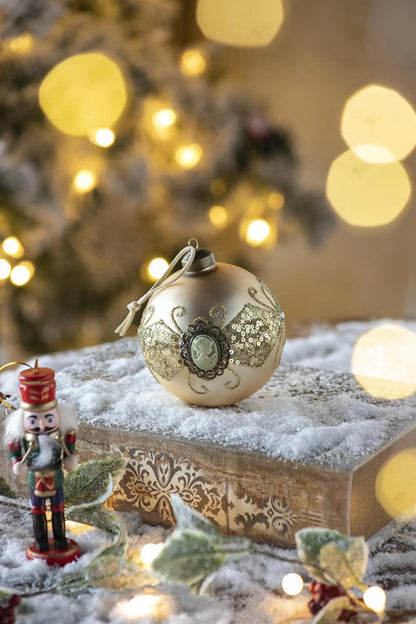 Decorative Hanging Ball Christmas Ornaments set of 6, cream ball with gold glitter and cameo on Tampa Home & Garden Store