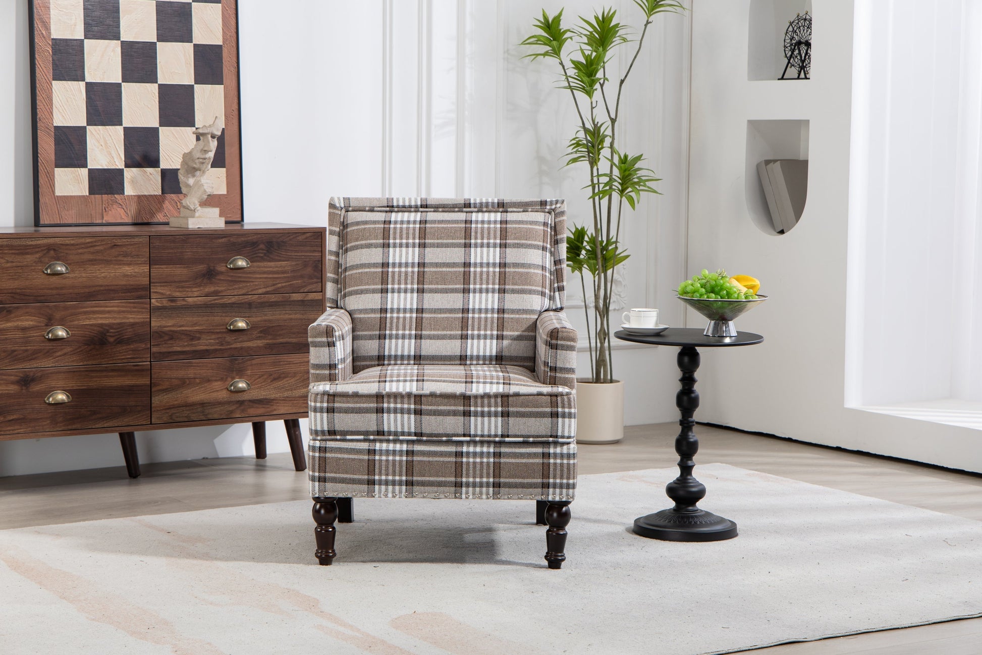 Upholstered Accent Chair HouseOfZazla in brown plaid linen with nailhead trim and wood legs on Tampa Home & Garden Store
